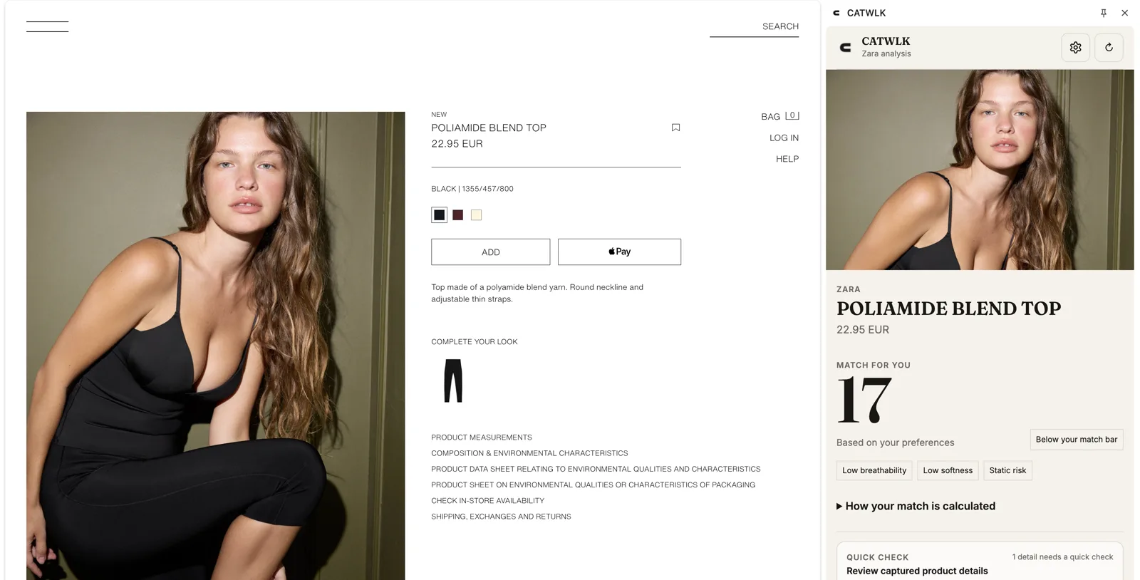 Catwlk panel analyzing a garment beside its product page