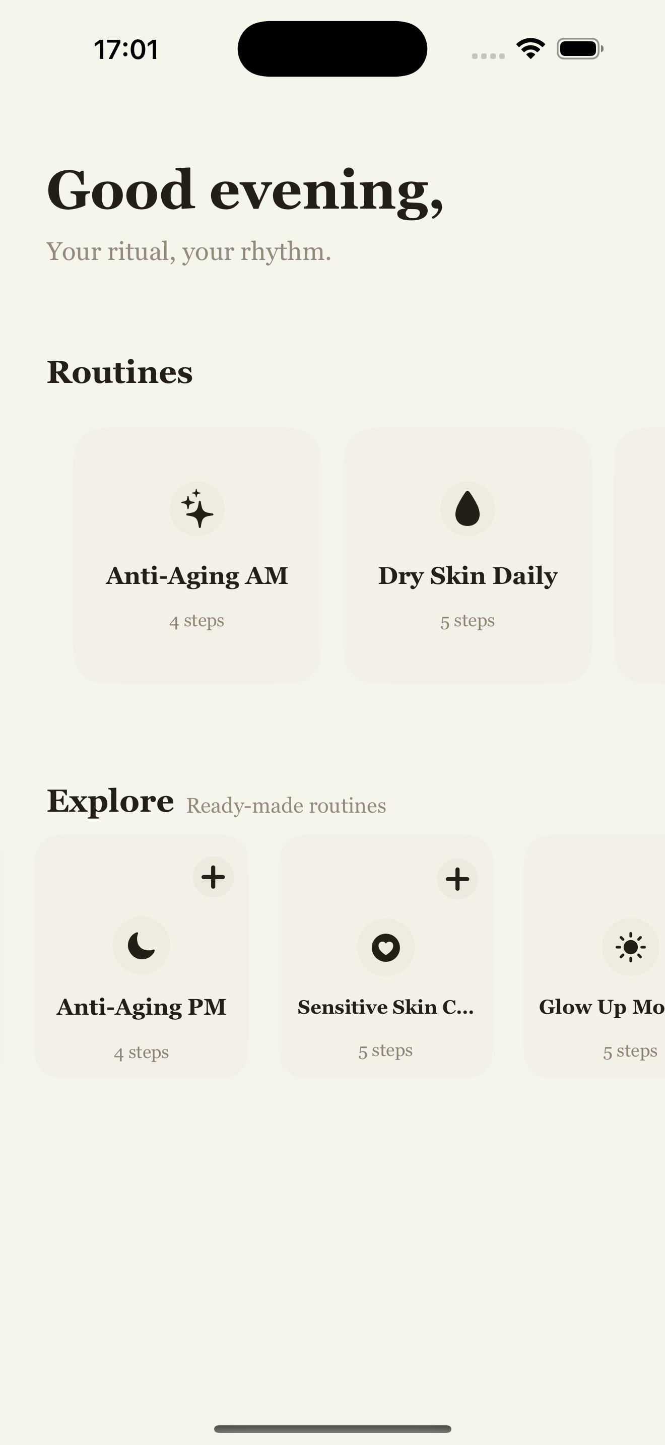 GlowUp home: routine overview